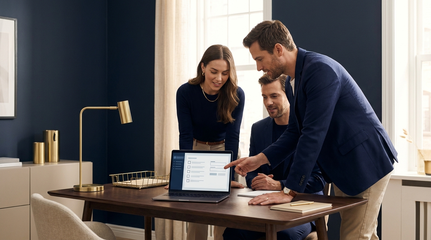 Editorial photo of a small team of three reviewing an unlabeled digital checklist on a laptop in a minimalist navy and gold office setting full frame small business workflow automation