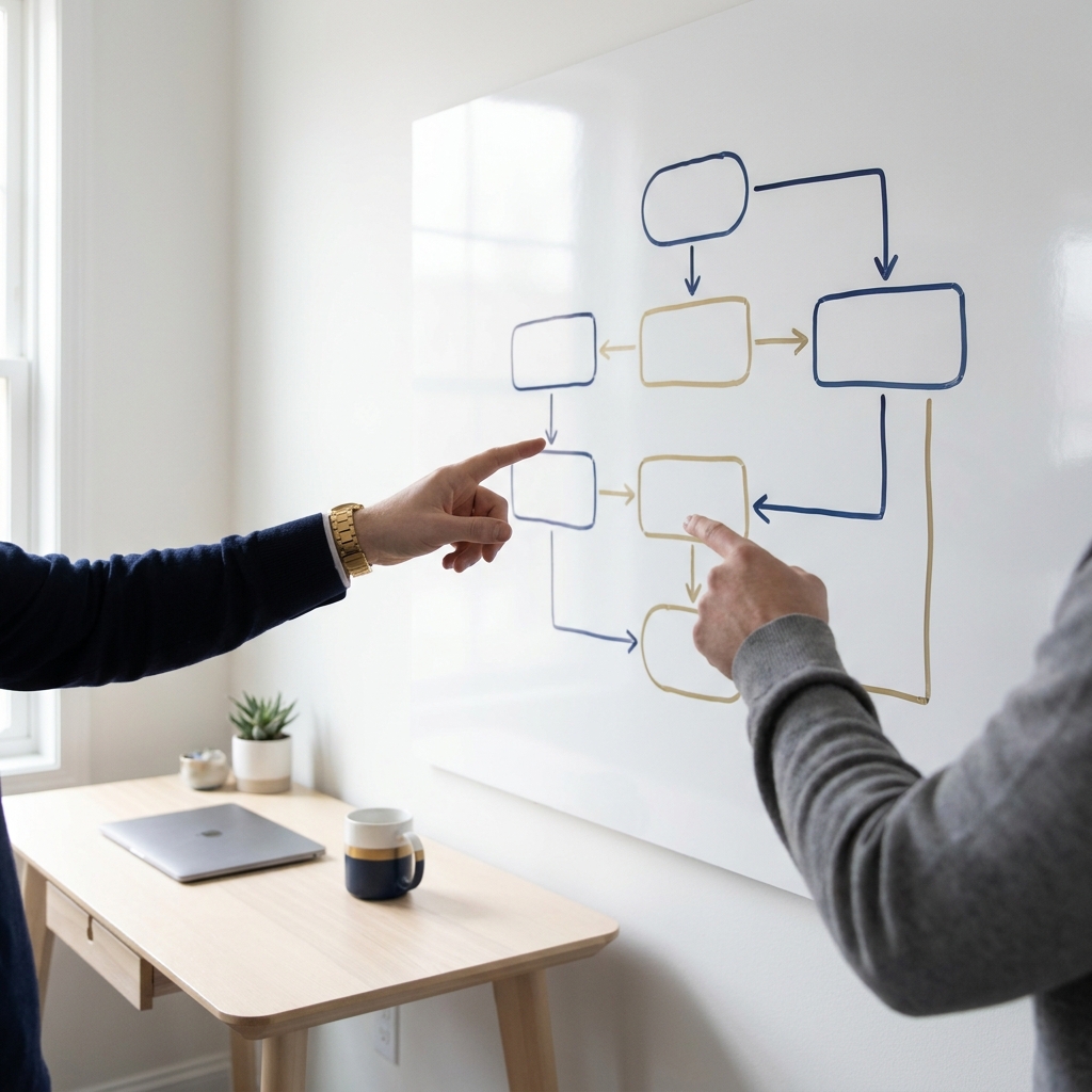Hands pointing to a simple navy and gold automation flow diagram on a whiteboard in a neat small office setting representing small business workflow automation