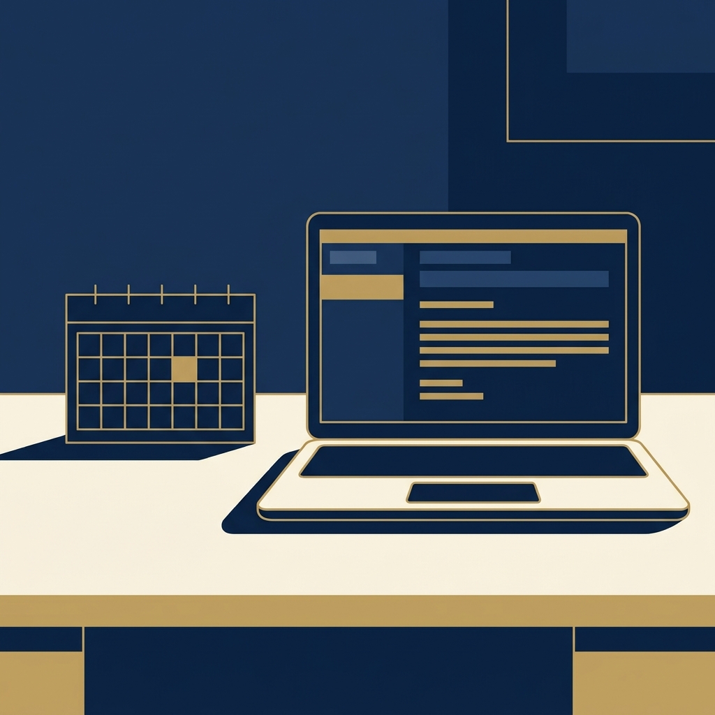 2D vector navy and gold illustration of laptop showing an unlabelled automated email preview and desk calendar highlighting a date representing small business workflow automation