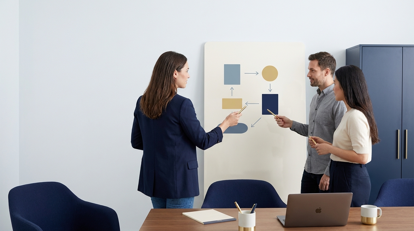 Small team mapping onboarding phases on a whiteboard in a minimalist navy and gold office scene illustrating what is client onboarding without text or logos