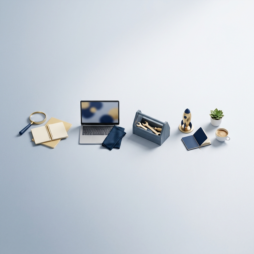 Minimalist navy and gold editorial image of an onboarding timeline shown as six symbolic objects representing key onboarding phases what is client onboarding