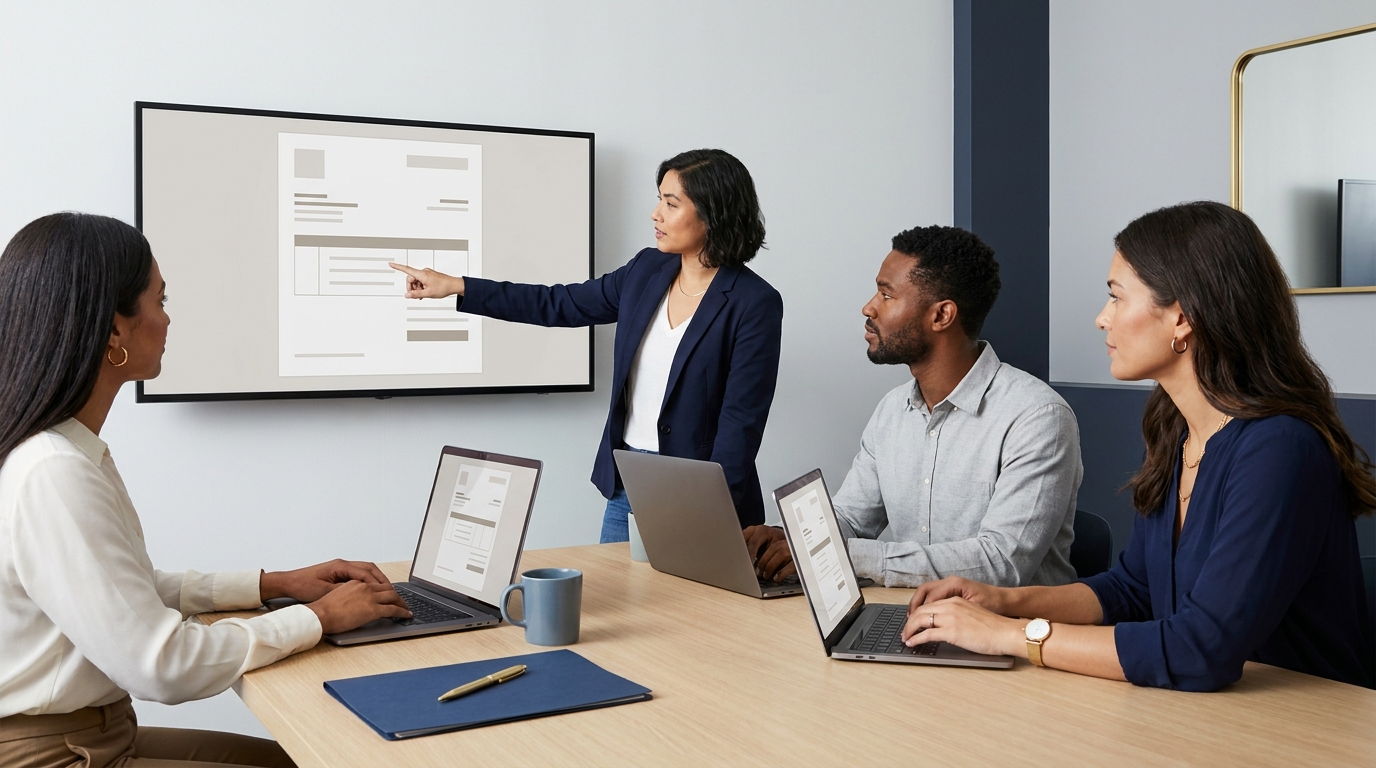 Finance team reviewing digital invoices on multiple screens in a minimalist navy and gold editorial workspace how to automate invoice approval workflow
