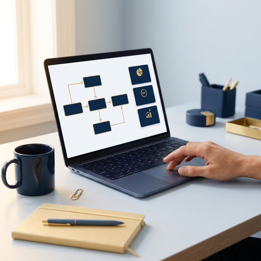 Laptop on minimalist desk showing an unlabelled approval flow and KPI cards with navy and gold accents a hand on the trackpad illustrating how to automate invoice approval workflow
