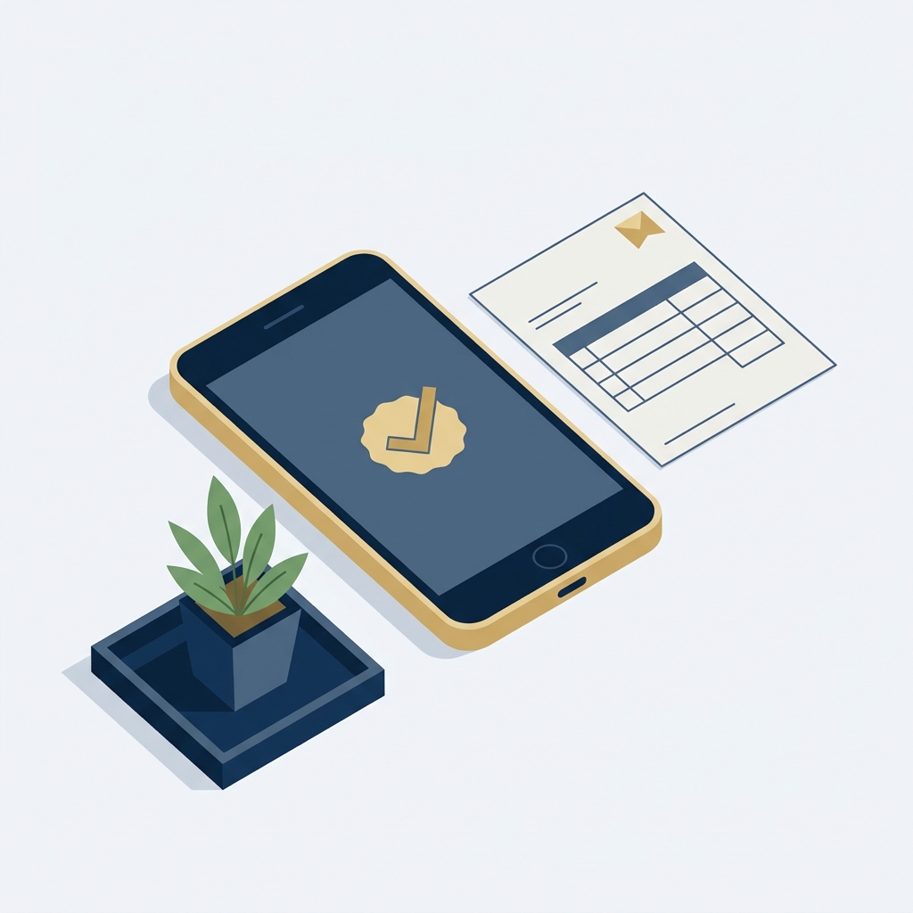 Minimalist 2D vector editorial image of a smartphone and paper invoice on a light background a gold approval icon on the screen illustrates how to automate invoice approval workflow in a navy and gold brand palette