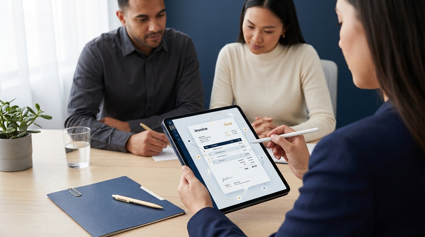 Finance team in navy and gold editorial reviewing an annotated invoice on a tablet with subtle audit trail graphics on a light background how to automate invoice approval workflow