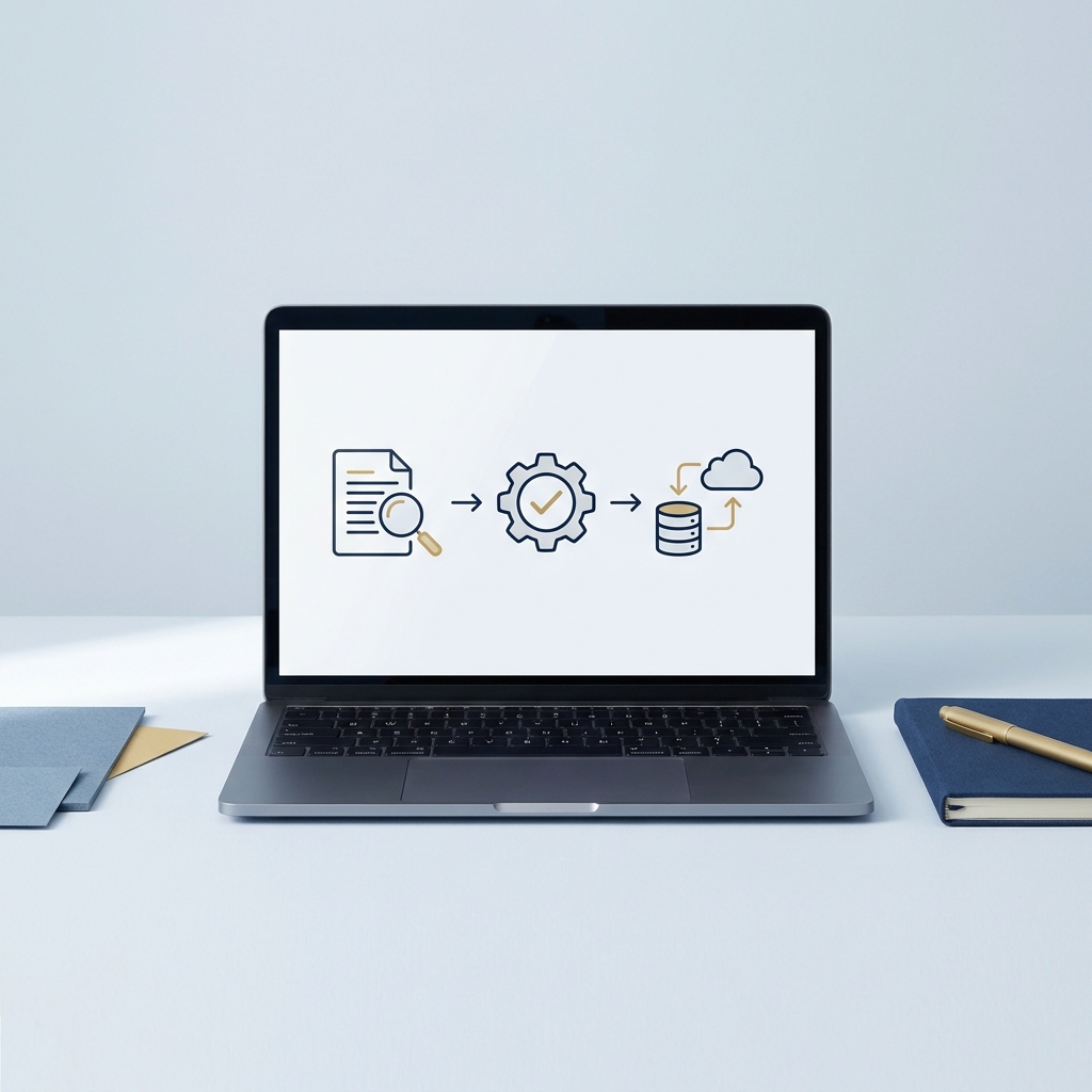 Laptop showing a staged accounts payable workflow diagram with icons for OCR validation and ERP integration in navy and gold palette how to automate invoice approval workflow