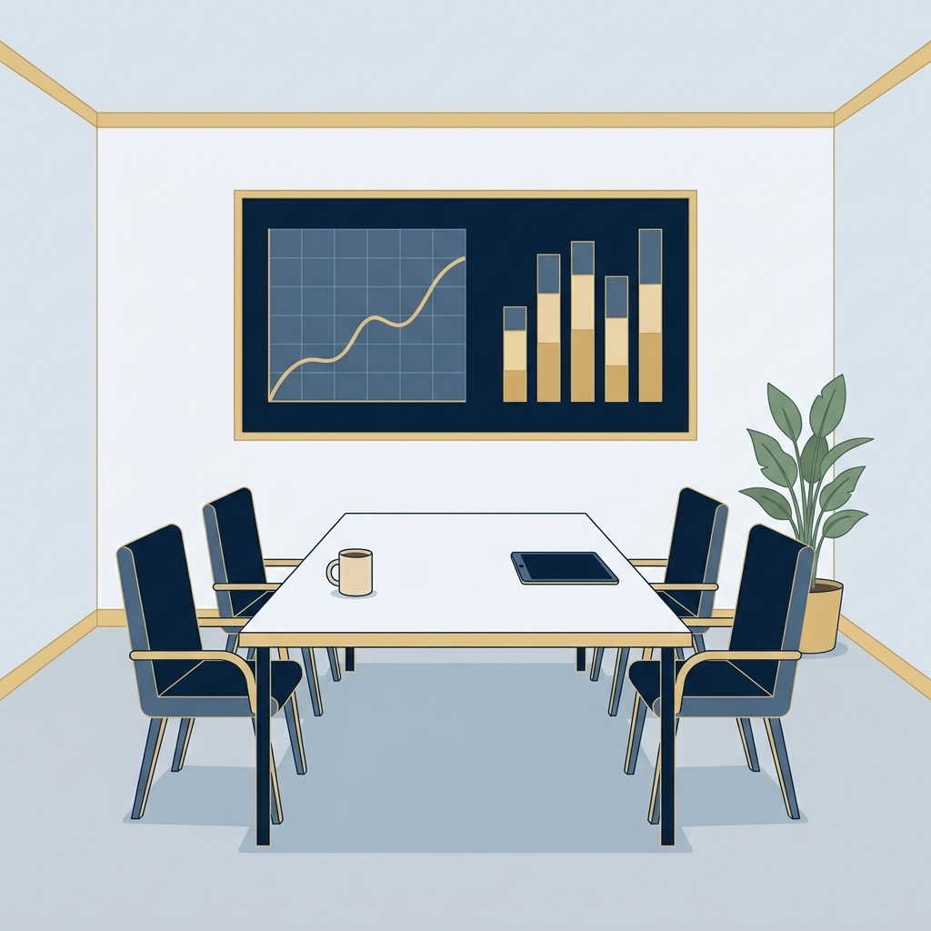 Empty minimalist meeting room with table chairs and a wall display showing unlabeled stylized line chart and bar chart for touchless rate and exception trends in navy and gold how to automate invoice approval workflow