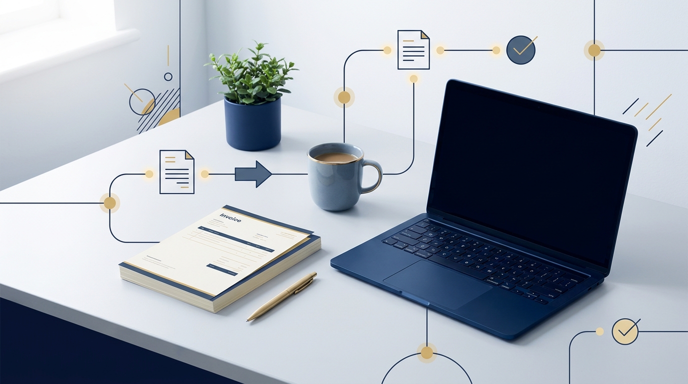 Overhead minimalist office scene with navy and gold stylized workflow diagram overlayed on laptop paper and desk illustrating how to automate invoice approval workflow in a clean editorial layout