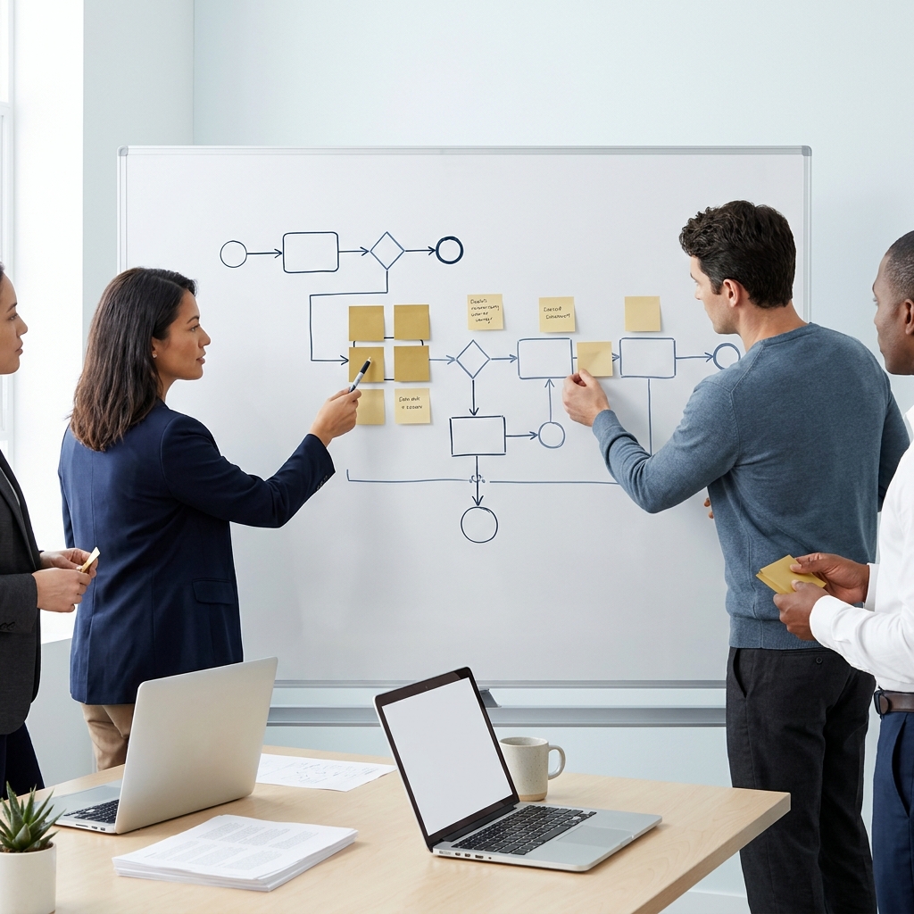 Team creating BPMN style process diagram on a whiteboard with gold sticky notes navy markers and laptops illustrating how to automate invoice approval workflow