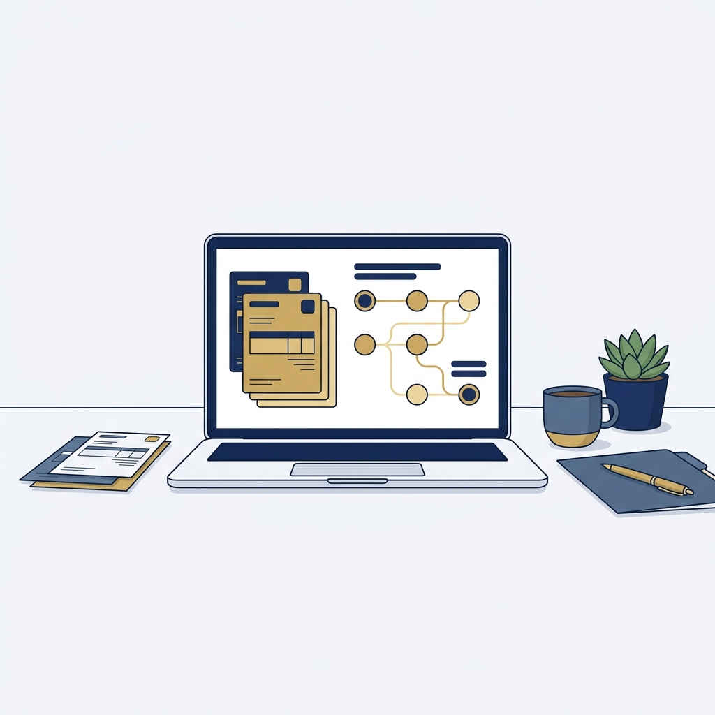 Minimalist 2D vector editorial image of a laptop on a light desk showing stacked invoice cards and a navy and gold audit trail diagram with desk accessories illustrating how to automate invoice approval workflow
