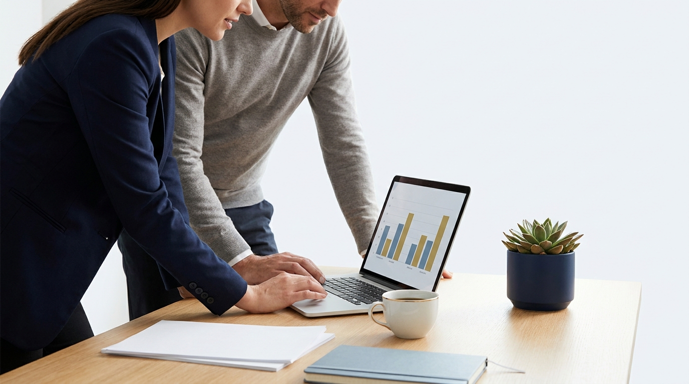 Marketer and analyst reviewing unlabeled charts on a laptop in a minimalist navy and gold workspace how to measure marketing automation roi