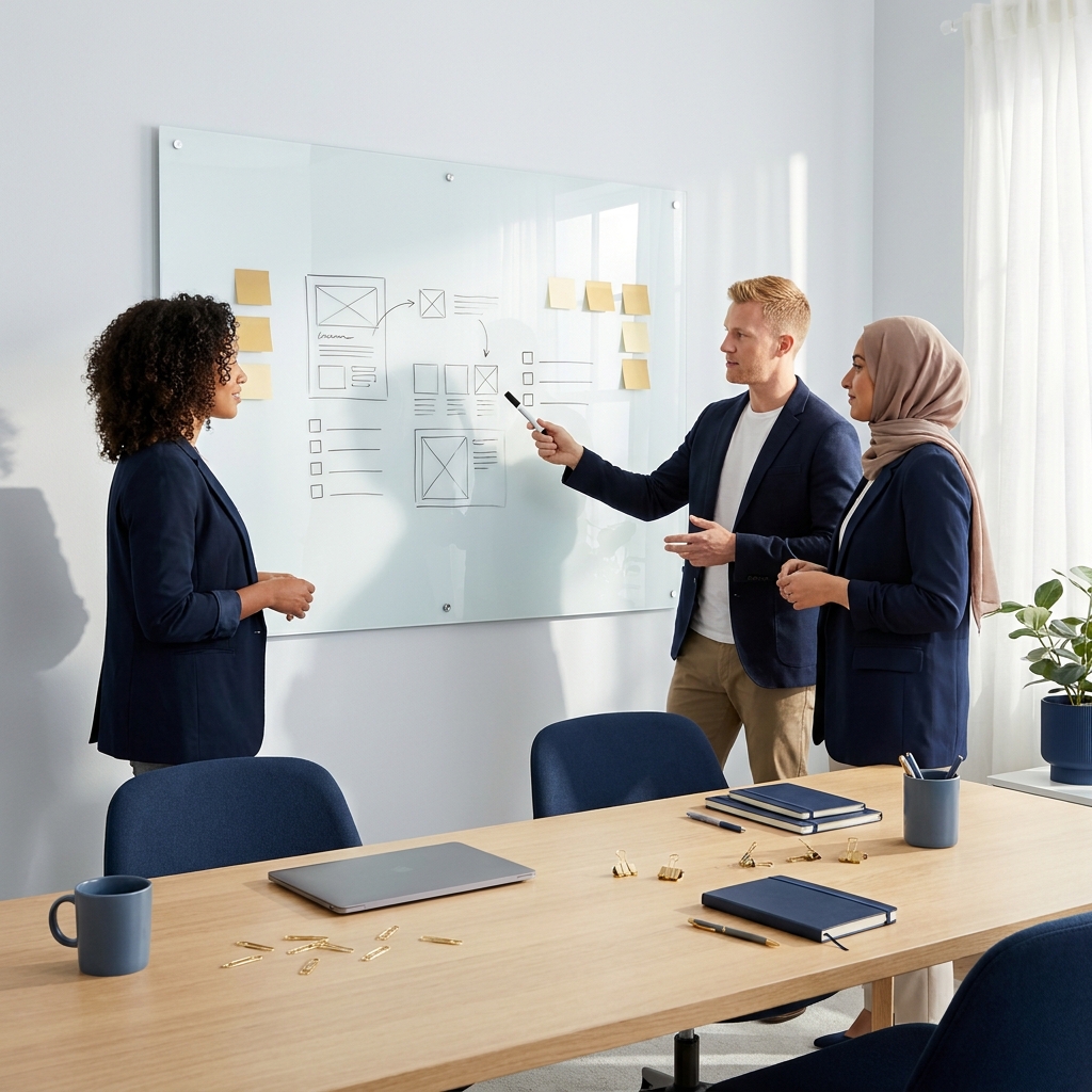 Three colleagues at a whiteboard with empty checklist boxes and blank sticky notes navy gold accents showing how to measure marketing automation roi