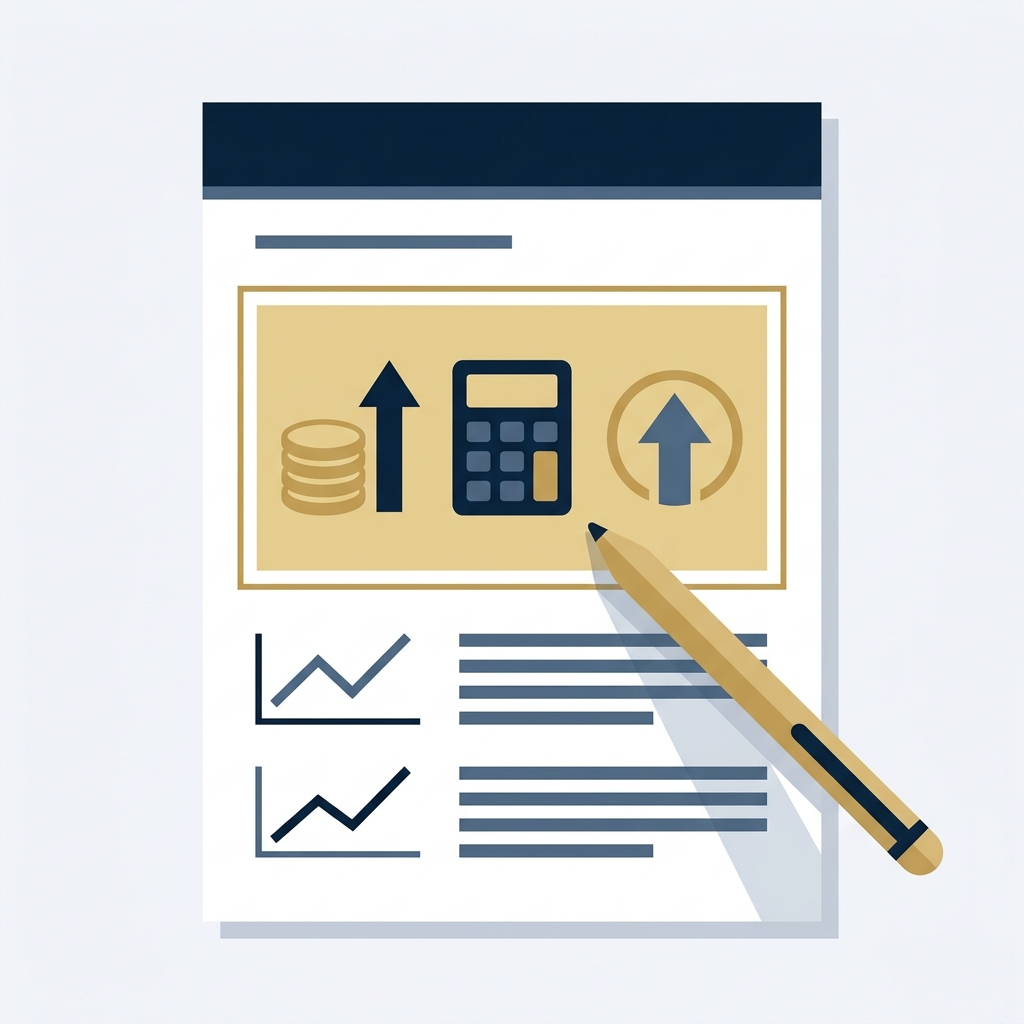 Minimal 2D vector close up of a business report page on a light background with a gold highlighted area indicating roi concept icons a gold stylus and navy accents how to measure marketing automation roi