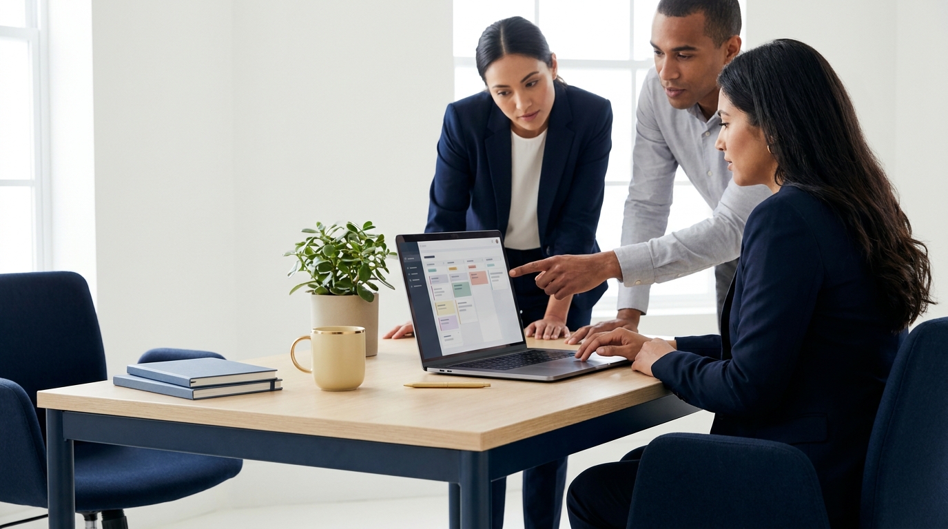 Three person operations team reviewing CRM tables on a laptop in a clean navy and gold minimalist office scene illustrating how to clean CRM data