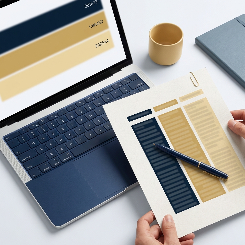 Close up editorial photo of a laptop and printed spreadsheet with navy and gold highlighted columns representing profiling metrics minimalist desk props how to clean CRM data