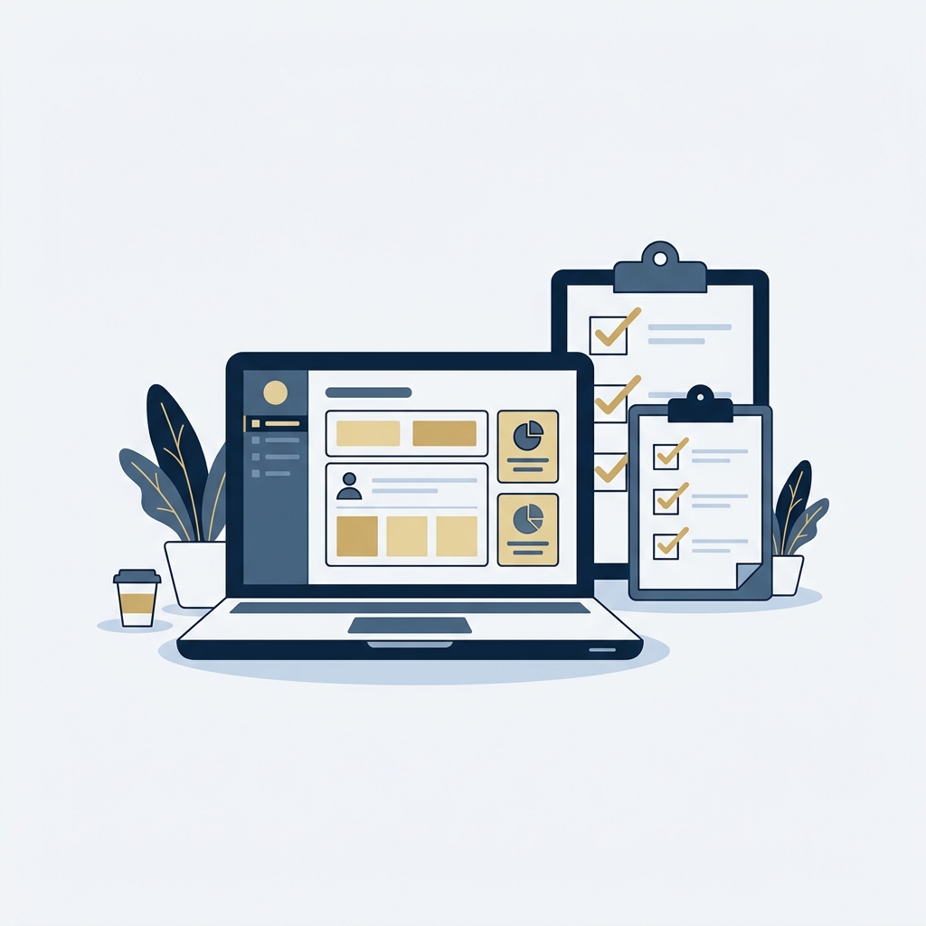 Minimal 2D vector editorial illustration of a laptop with a simplified unlabeled CRM dashboard and a clipboard checklist with gold check marks in Orvus navy and gold palette how to clean CRM data