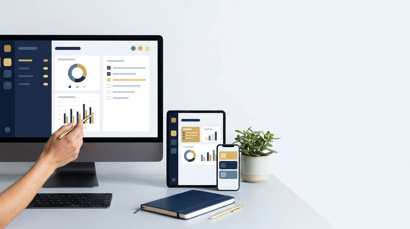 Minimalist editorial image of a clean CRM dashboard and checklist on a desk illustrating how to clean CRM data with navy and gold accents