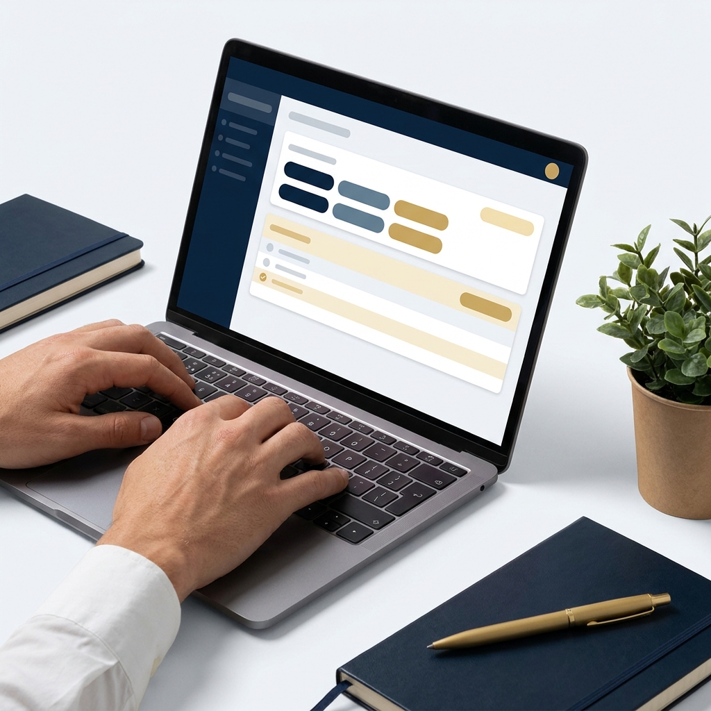 Close up of a data steward reviewing contact records on a laptop with visual picklists and highlighted validation cues in navy and gold editorial style how to clean CRM data
