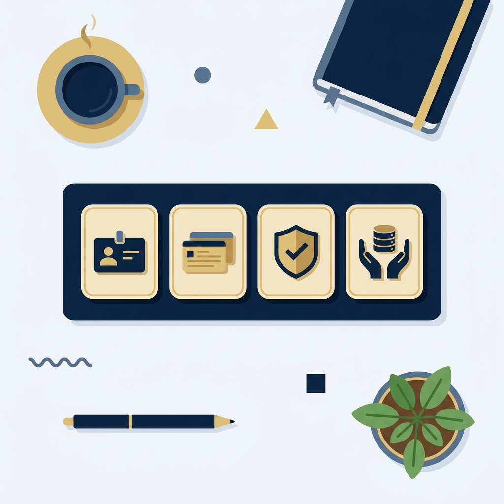Minimal 2D vector of a navy and gold desk checklist with four icon steps for profiling deduplication validation stewardship and a potted plant how to clean CRM data