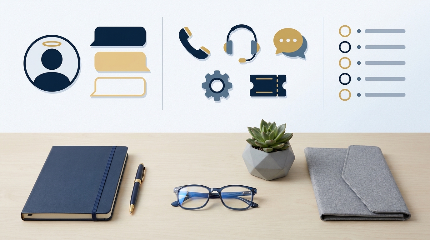 Editorial header showing stylized chat interface support desk icons and a compliance checklist in navy and gold palette AI chatbot for customer service
