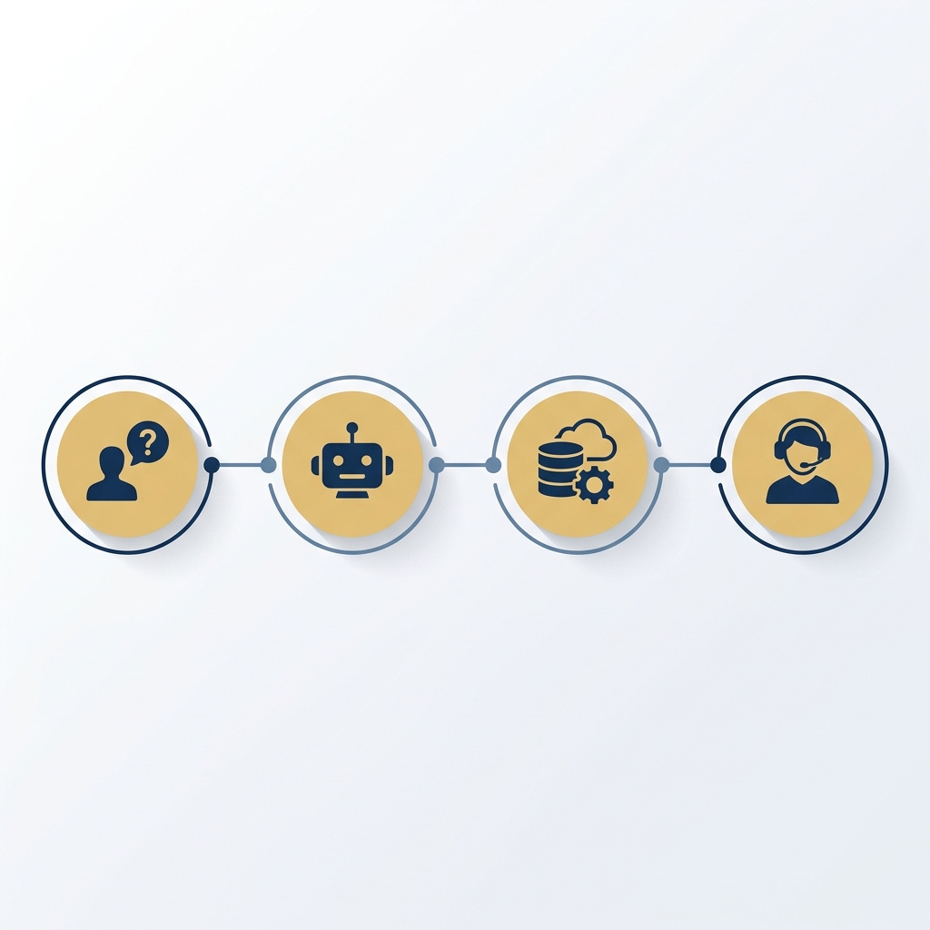 Minimal navy and gold workflow showing user query bot triage CRM integration and live agent handoff on light background AI chatbot for customer service