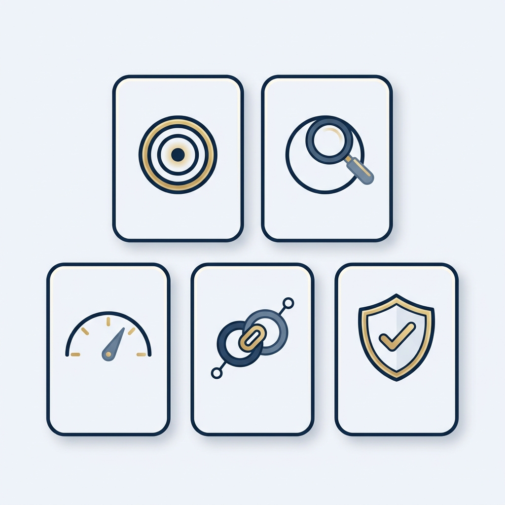 Minimal 2D vector navy and gold checklist for pilot readiness showing five icon tiles representing objectives scope kpis integrations and governance on a light background AI chatbot for customer service