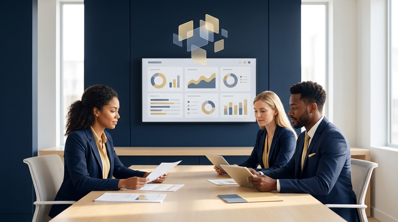 Three support agents at a clean desk with a dashboard and abstract navy and gold AI assistant, editorial office scene with AI chatbot for customer service