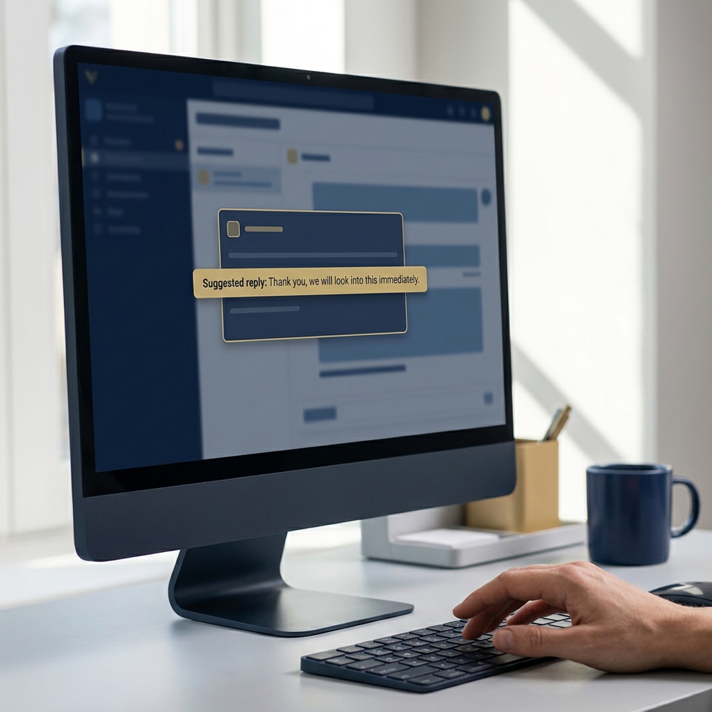 Close up of a ticketing system screen with a highlighted suggested reply for AI chatbot for customer service on a minimalist desk in deep navy and gold Orvus palette