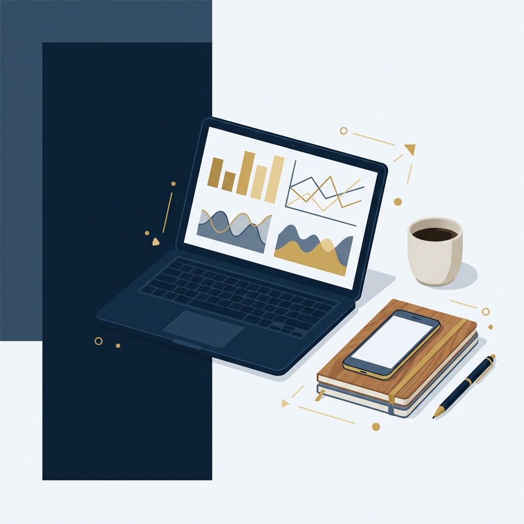 Minimal 2D vector editorial workspace with laptop showing unlabeled charts notebook coffee cup and smartphone in Orvus palette AI chatbot for customer service