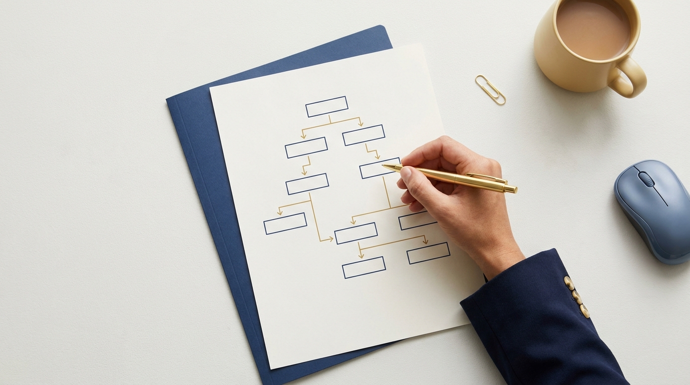 Overhead editorial desk photograph showing a printed workflow diagram and a hand with a gold pen with navy and gold accents illustrating automated lead qualification concept