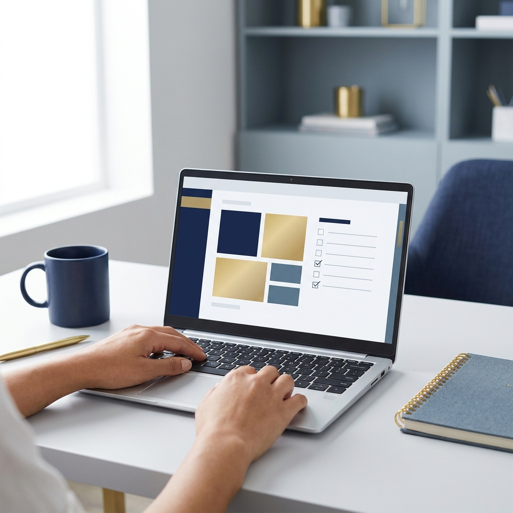 Laptop on a minimalist office desk showing a clean unlabelled dashboard and checklist on screen with hands pointing at the laptop, navy and gold accents, editorial style automated lead qualification