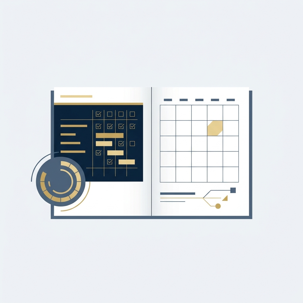 Minimalist 2D vector close up of a project plan page and a circular SLA timer on a calendar in navy and gold colors illustrating automated lead qualification