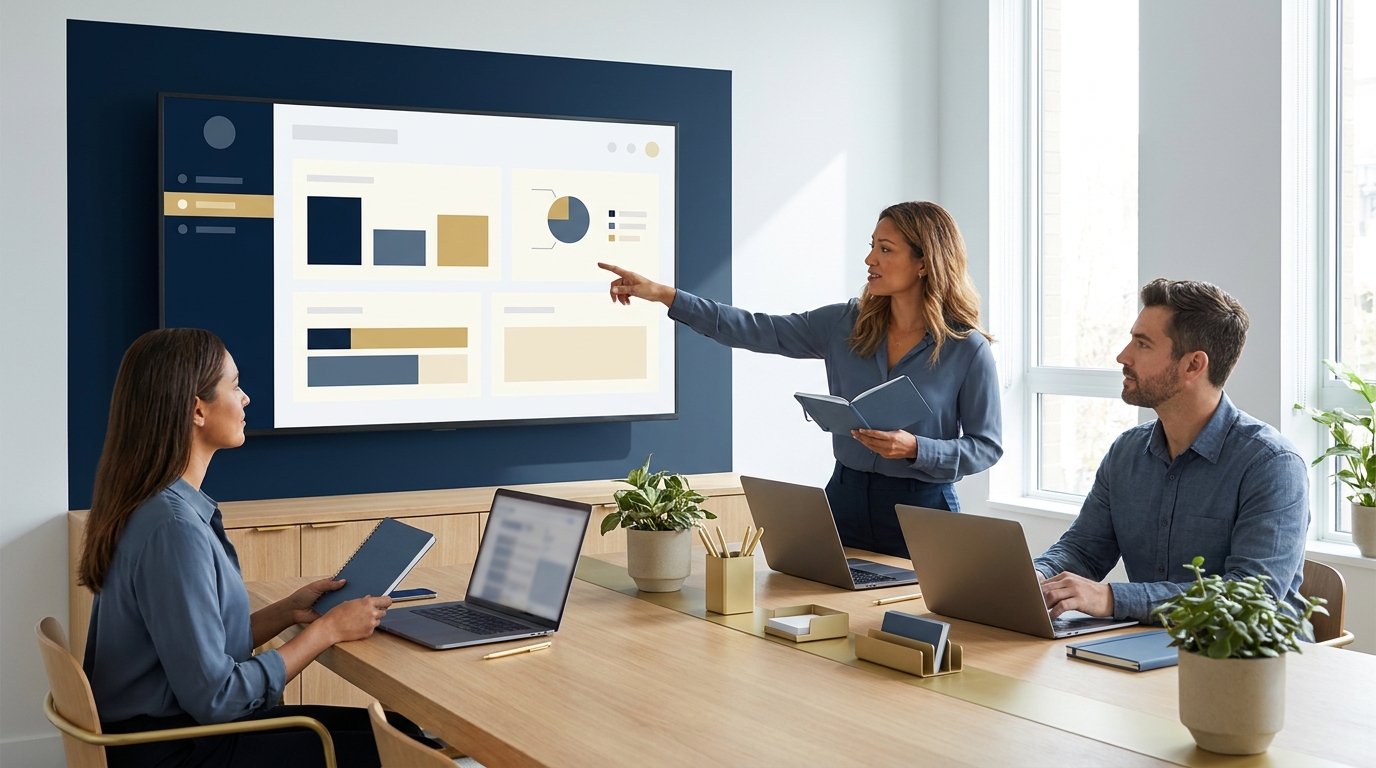 Editorial photo of a small team planning around an unlabeled dashboard in a navy and gold workspace focused on automated lead qualification minimalist full frame layout