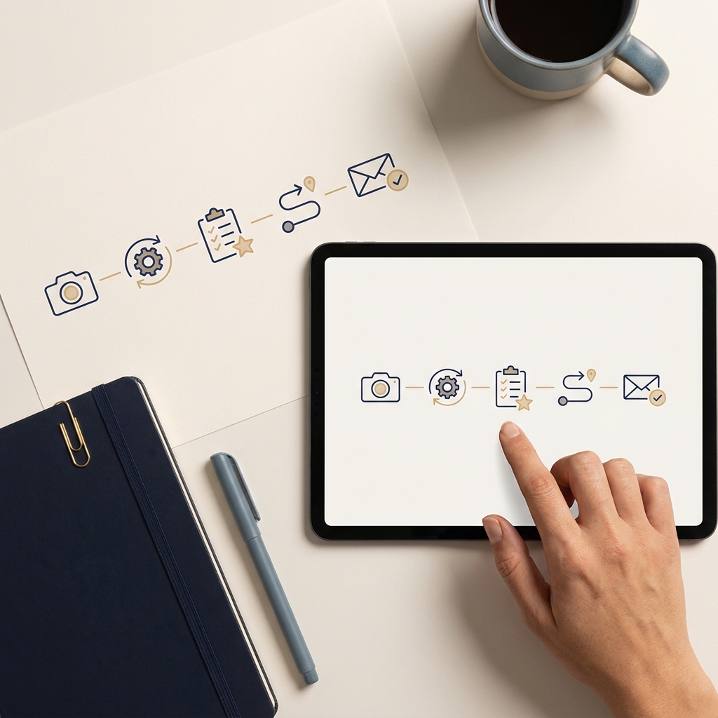 Top down editorial flat lay of a minimalist workflow diagram for automated lead qualification showing five simple unlabelled icons capture enrich score route follow up on a light background with navy and gold accents and a hand at the edge