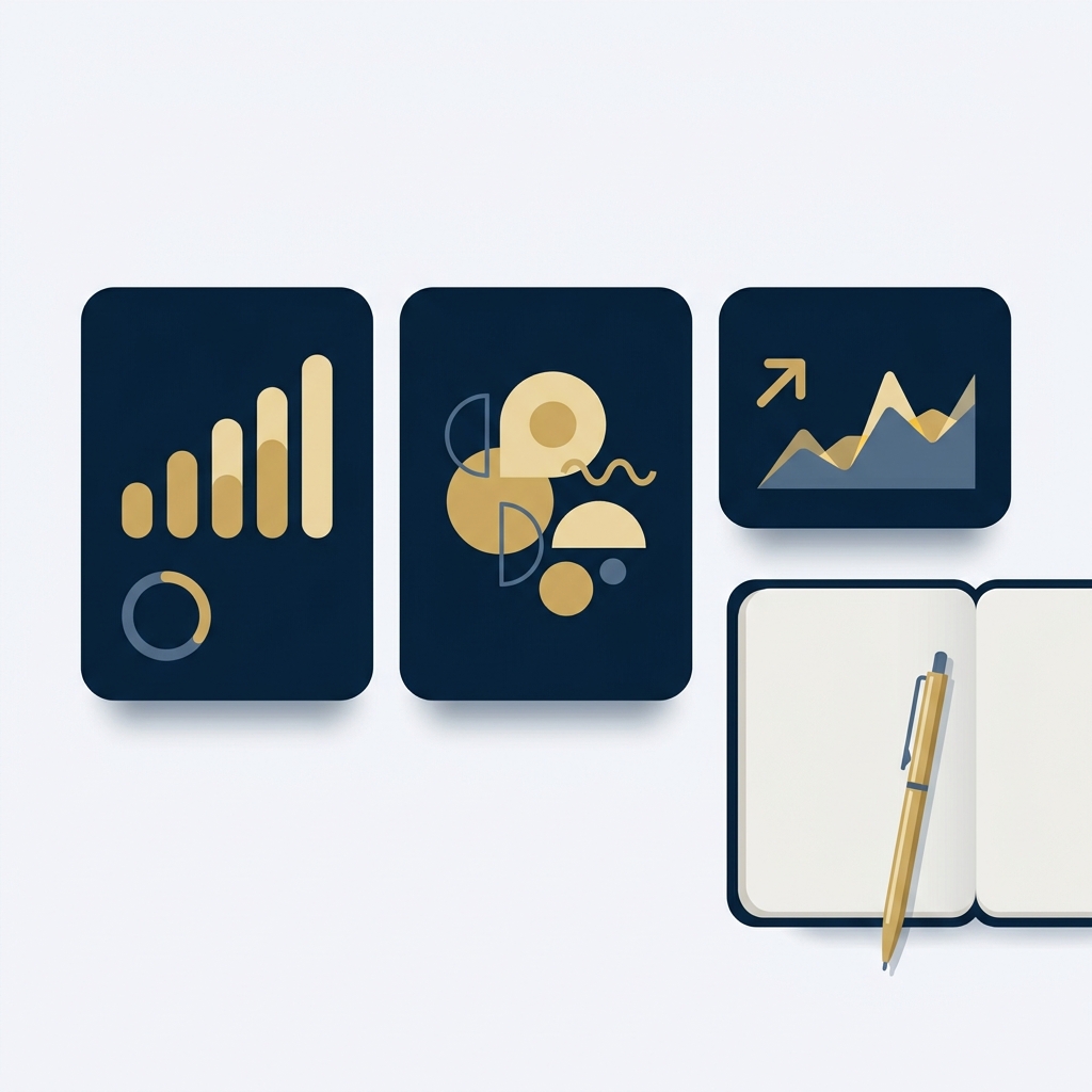Minimalist 2D vector close up of a business dashboard with three unlabelled KPI cards and a gold pen on an open notebook on a light background in Orvus navy and gold palette for automated lead qualification