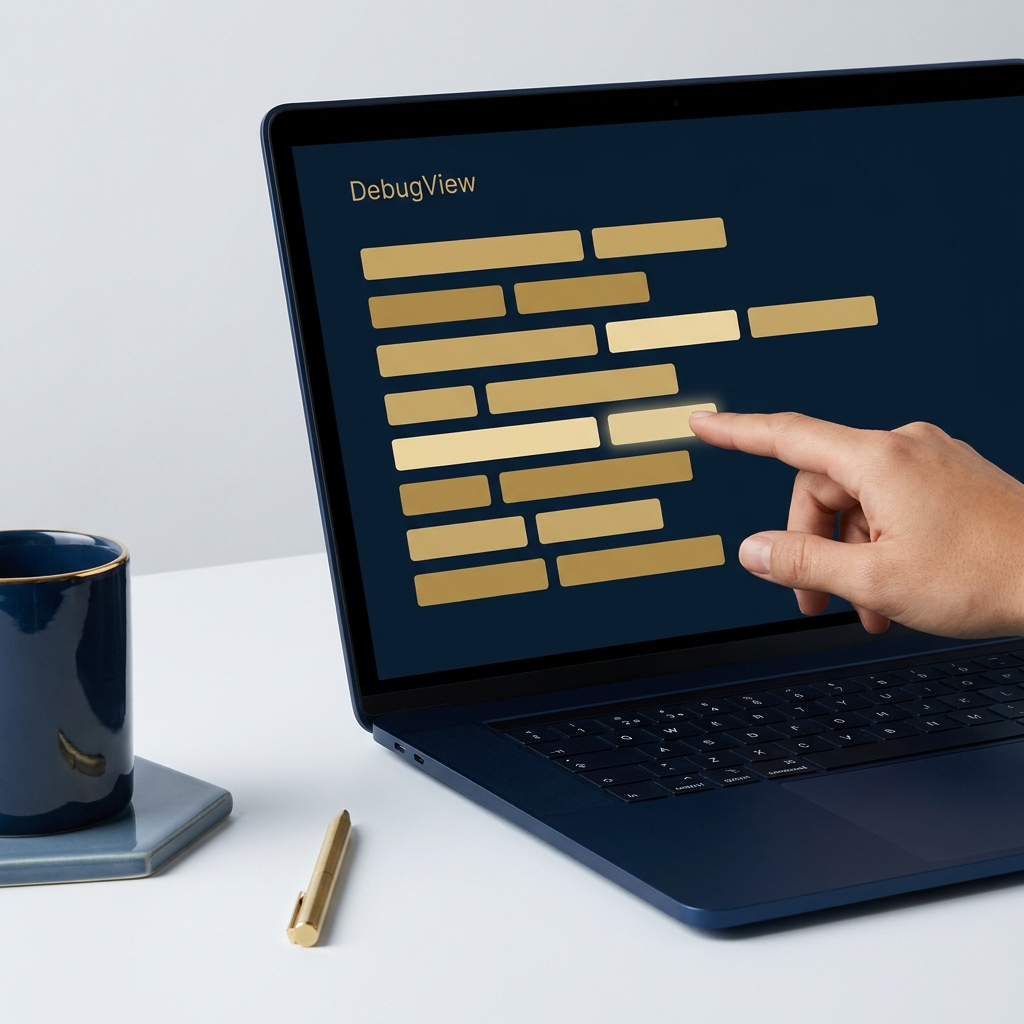Hand pointing to highlighted rows in a conceptual event-debugging view.