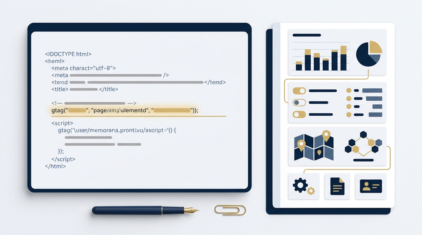 Conceptual illustration of website tagging code beside a reporting dashboard.