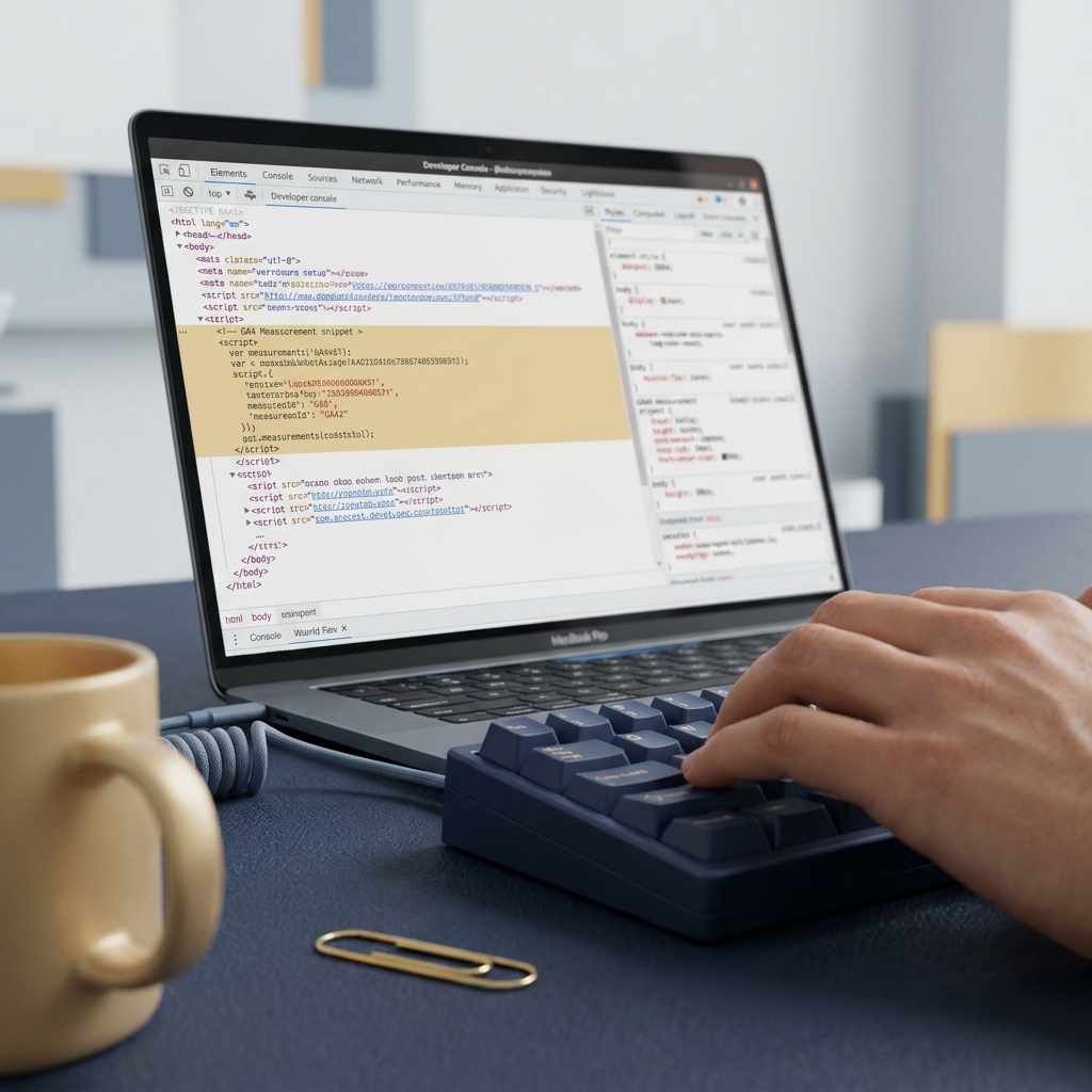 Person reviewing highlighted website code on a laptop.
