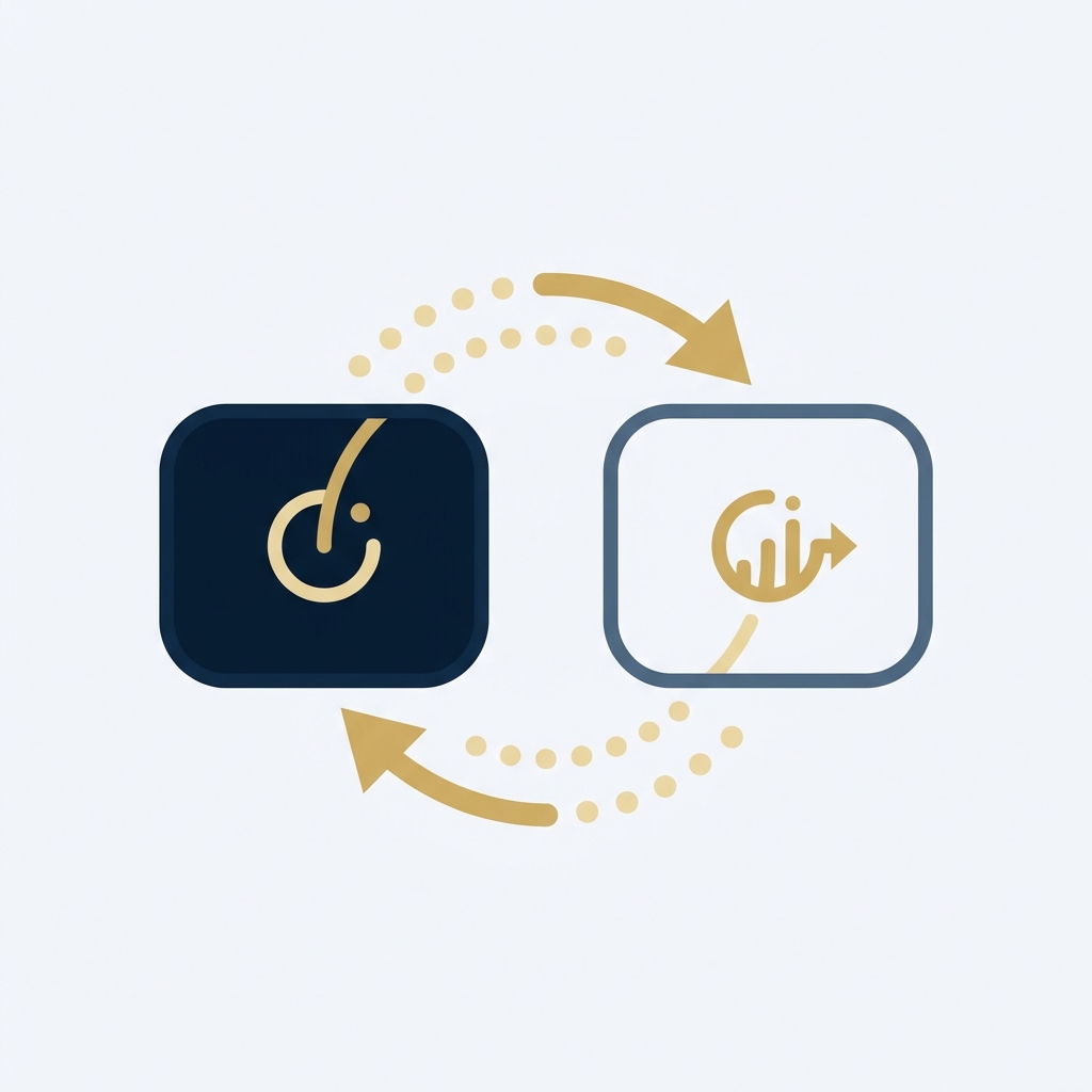 Two analytics-style icons connected by arrows.