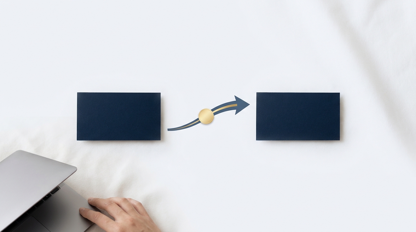 Two domain cards connected by an arrow and a gold token.