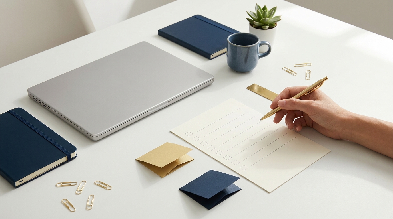 Hand writing on a checklist beside a laptop and notebook.