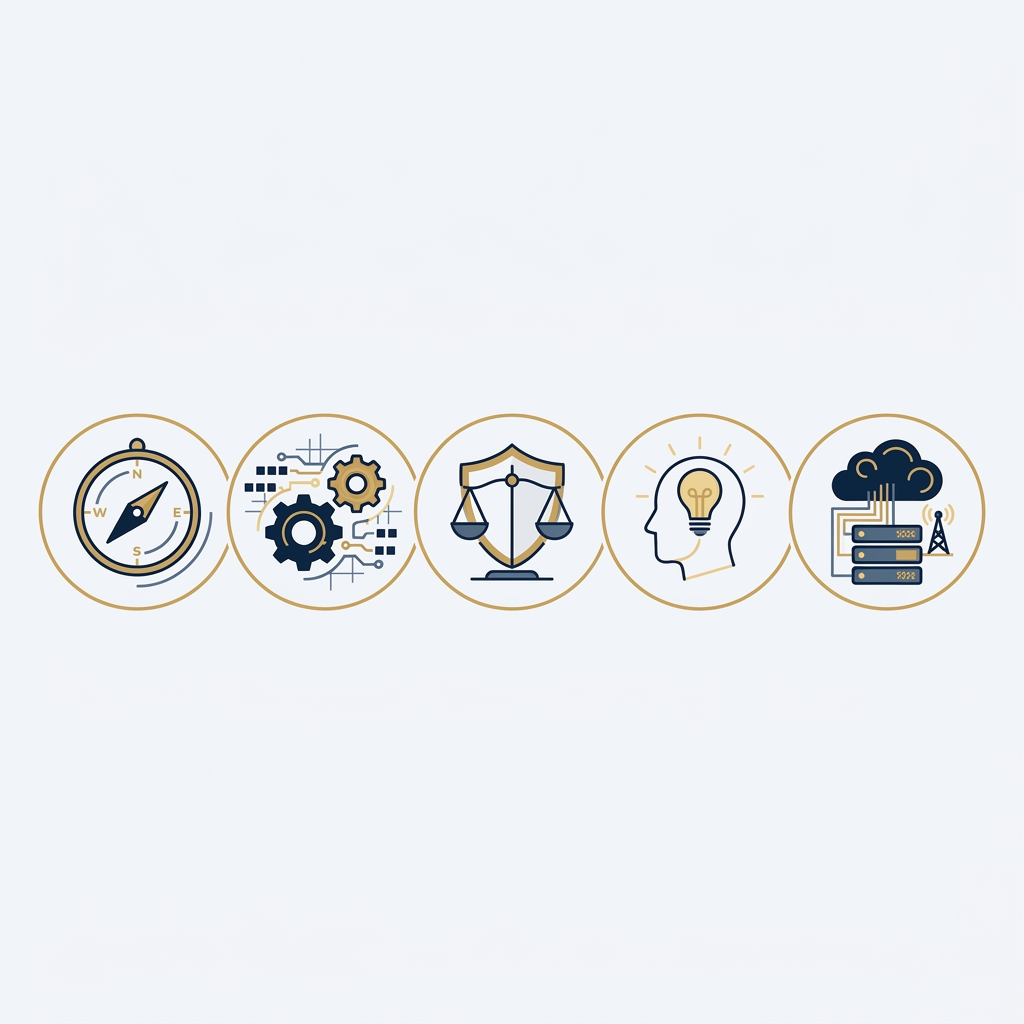 Five connected symbols for direction, operations, governance, people and data.