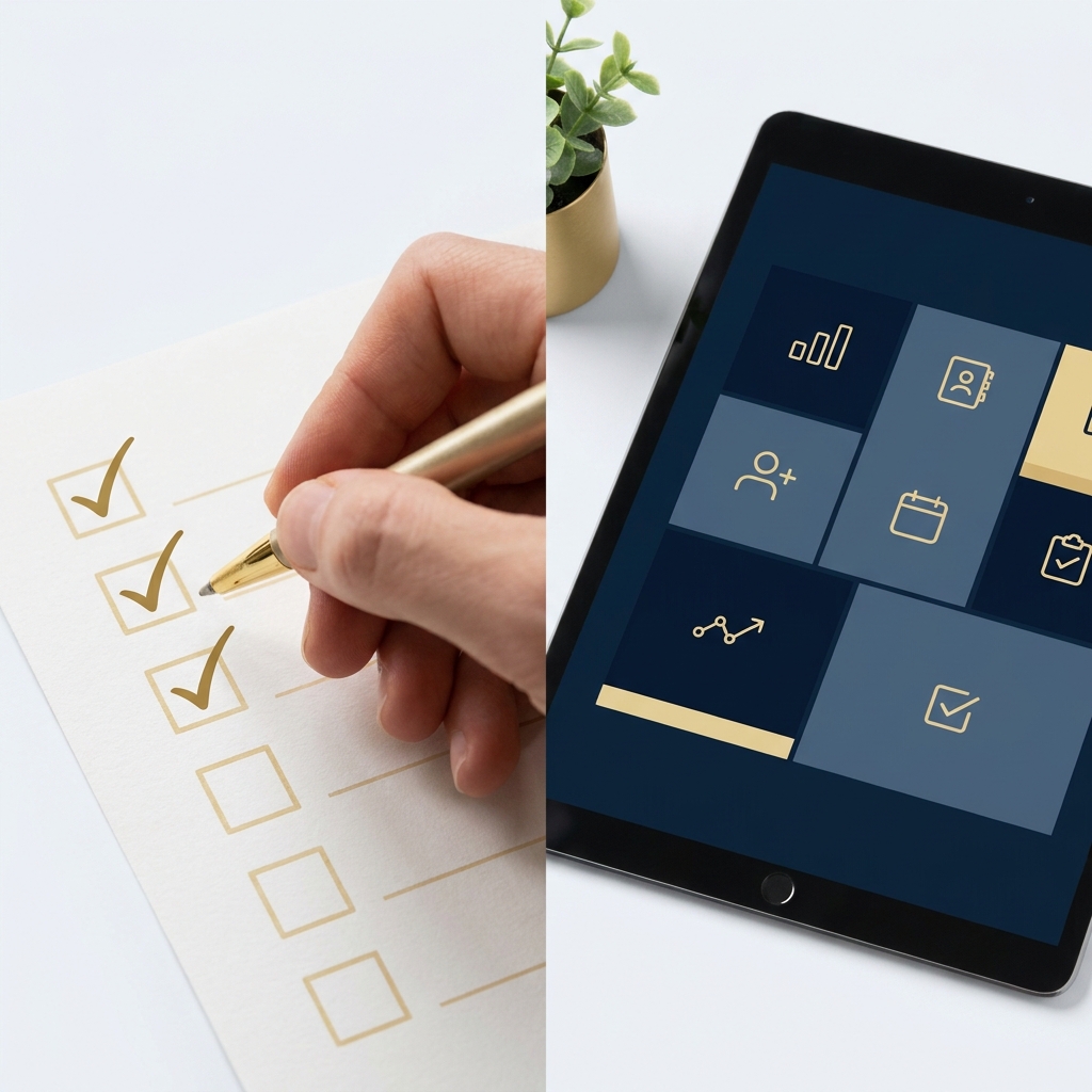 Hand marking a paper checklist beside a tablet.