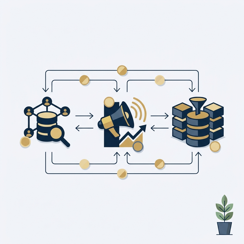 Diagram connecting customer records, marketing tools and a database.