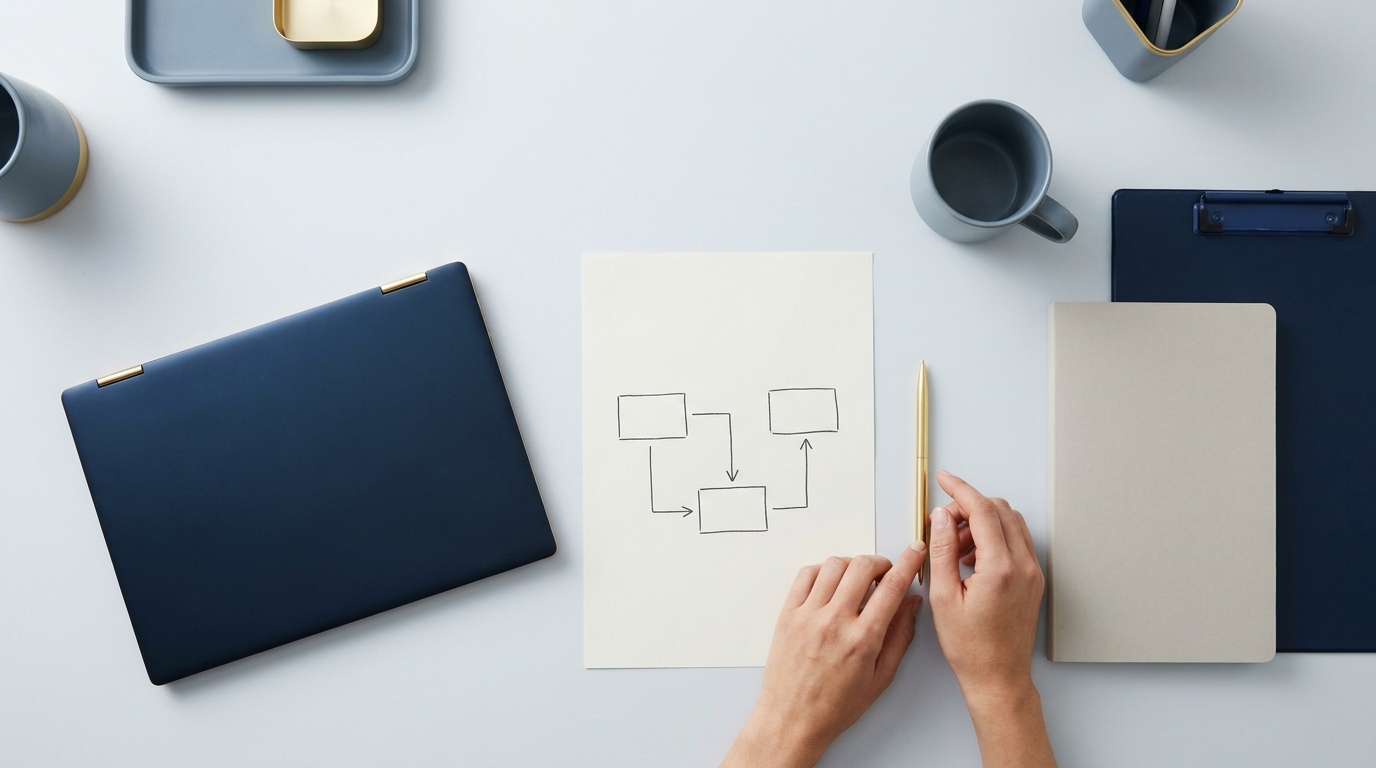Hands sketching a workflow diagram on a desk.
