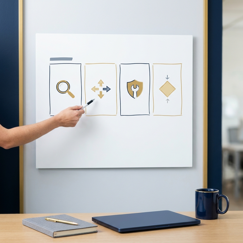 Person pointing to a four-stage process on a whiteboard.