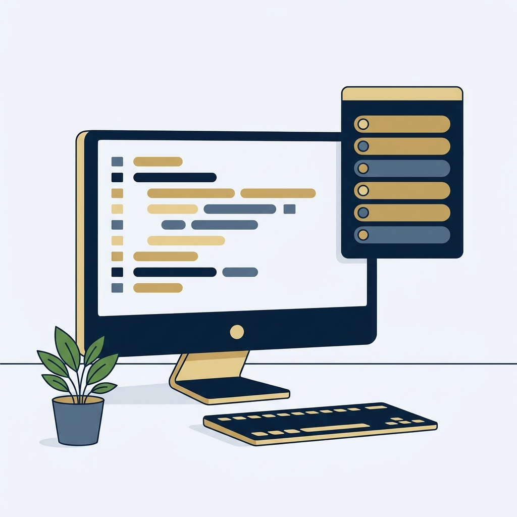 Monitor with code-like blocks and a separate status-log panel.