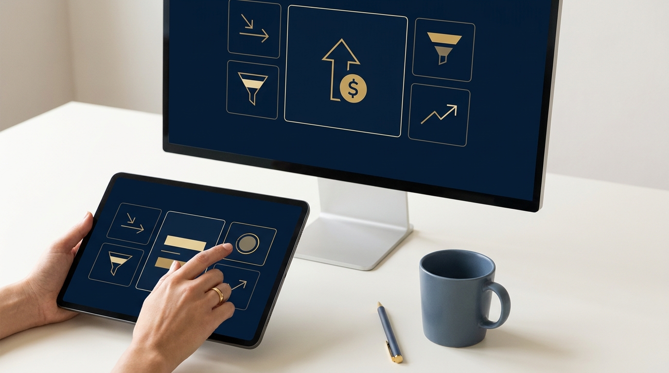Monitor and tablet showing funnel, currency and chart symbols.