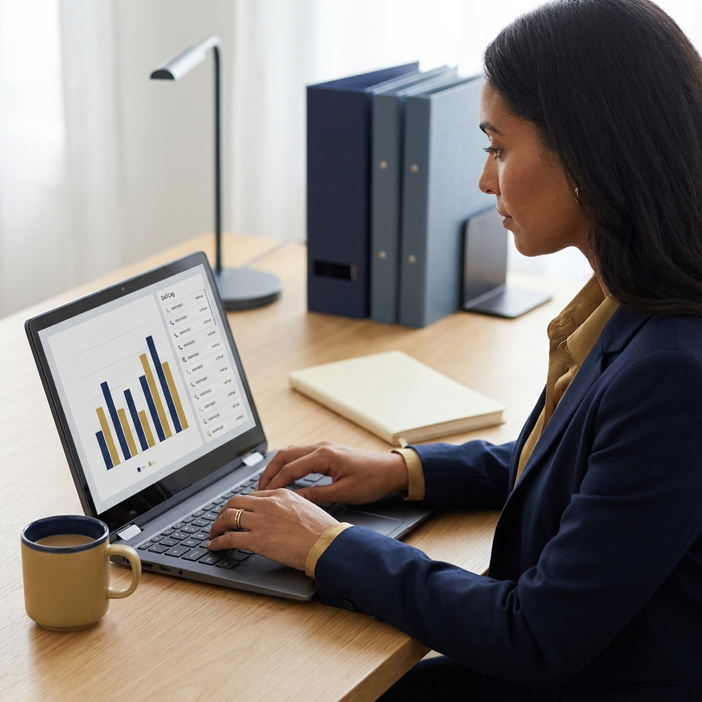 Marketer reviewing bar charts on a laptop.
