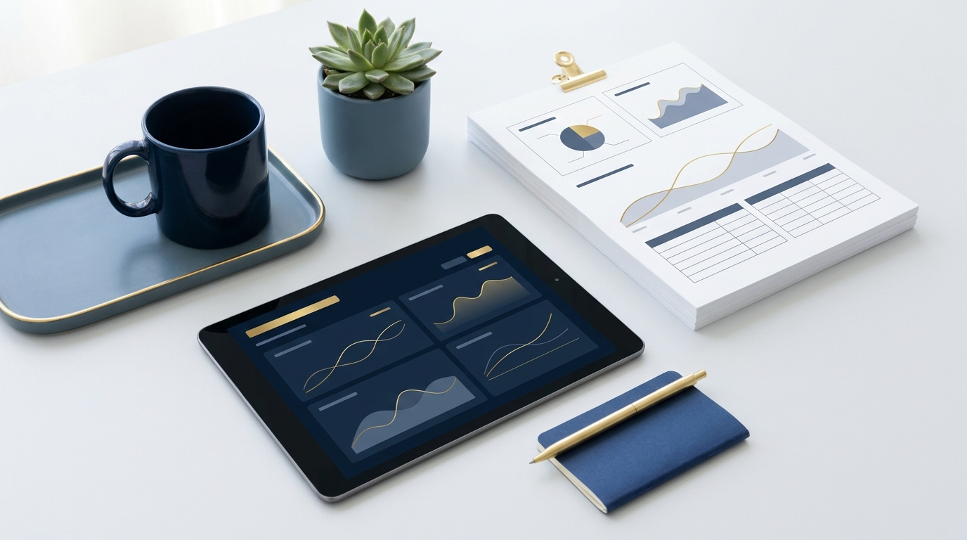 Tablet and printed marketing charts arranged on a desk.